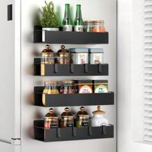 1/2pcs Magnetic Side Storage Rack, Fit For Refrigerator And Washing Machine - No Need Drilling, Fashionable Black Metal Surface, Wall-Mounted Spice Organizer, Great For Laundry Essentials, Includes Hooks