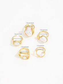 5pcs Set Retro Baroque Inspired Faux Pearl Asymmetrical Hollow Pearl Stackable Rings For Women - Gold - View 2