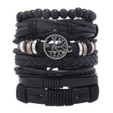 6pcs Retro PU Tree Of Life Beaded Woven Bracelets Set, Suitable For Men's Daily Wear
