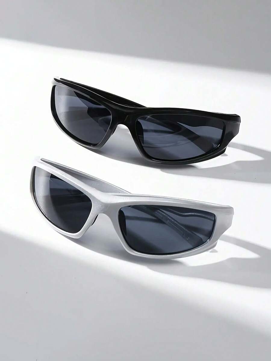 feye 2 副时尚眼镜，男女通用 Y2K 街头时尚眼镜，适合日常佩戴 - 2件裝(黑色+銀色) - 查看 1