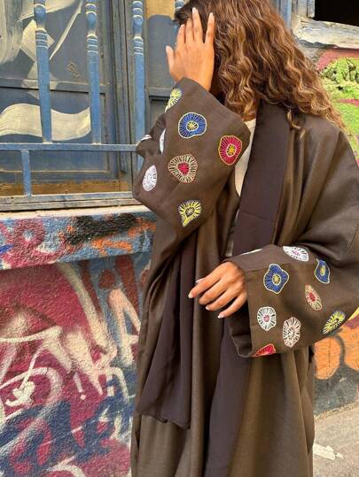 1pc Women's Heavyweight Floral Embroidered Abaya, Elegant Raglan Sleeve Cotton Linen Cardigan Maxi Robe, Printed Floral Pattern Shawl, Suitable For Daily Life, Festivals, Parties, Dubai Arabic Style, Modest Kaftan