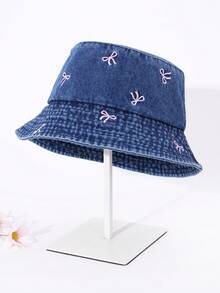 1 件儿童刺绣图案遮阳休闲破洞渔夫帽，适合户外活动和日常使用 - 蝴蝶結-深藍 - 查看 4