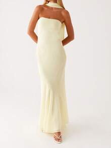 Women Y2k Floral Strapless Maxi Dress Boho Off Shoulder Sleeveless Bodycon Long Dress Summer Backless Tulle Tube Dress With Scarf - Màu vàng - Xem 3