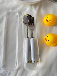 2pcs Stainless Steel Cartoon Ceramic Handle Goose Tableware, Goose Ceramic Handle Tableware With Colorful Ceramic Handle - Cute Cat Paw Design Dessert Spoon, Cake And Mooncake Fork, Portable Cutlery Suitable For Outings, Parties, Picnics, Home Use,School Supplies