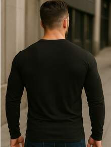 Men's Henley T-Shirt Premium Long Sleeve Slim Fit Cotton With Elastane - màu đen - Xem 3