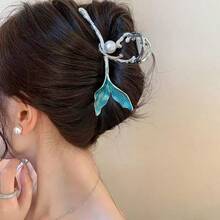 1 件女士蓝色美人鱼金属大发爪夹，高端仿珍珠爪夹，优雅公主马尾发夹发夹发夹发夹发夹发夹发夹秋冬发饰女士度假装女士