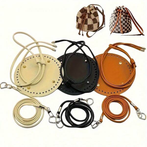 3pcs DIY Bucket Bag Craft Kit, Includes Round Bottom, Drawstring & Shoulder Strap - Faux Leather Material