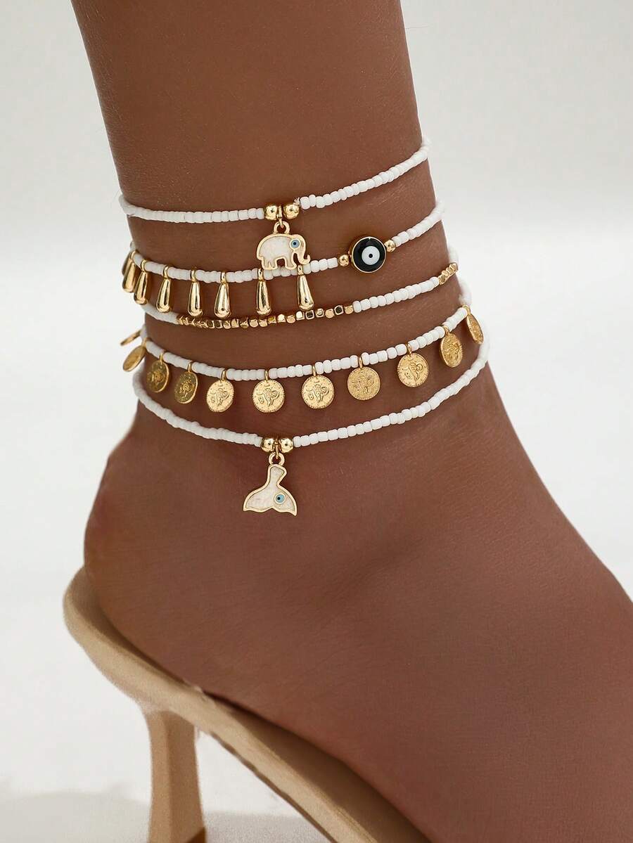 5pcs Boho Style Beaded Elephant Tail & Devil's Eye Multi-Element Tassel Anklet Set For Women - Gold - View 1