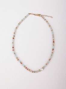 1pc Retro Natural Stone Necklace With Colorful Beads For Women, Vintage And Minimalist Light Blue Collarbone Chain Suitable For Daily Wear With Luxurious, Niche & High-End Feel