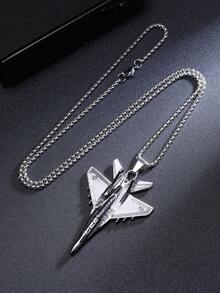 1pc Retro Style Unique J-20 Fighter Jet Pendant Necklace, Fashionable Stainless Steel Long Sweater Chain Accessory, Popular Hiphop Military Enthusiast Gift For Men, Daily Wear - Antique Silver - View 7
