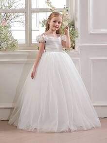 Tween Girl Floral Strap Tulle Party White Graduation Dress, Elegant Princess Gown Suitable For Girls Birthday Party, Prom, Wedding, Flower Girl Dress, Teenager Dress - White - View 5