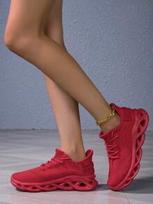 1 Pair Women's Red Fabric Braided Sole Cushioned Low-Top Front Tie Fashionable Sneakers, Versatile Thick Sole Breathable Soft Outdoor/Exercise/Running Shoes For Ladies - Red - View 5