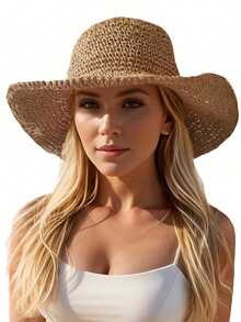 1 pieza Sombrero de paja liso hecho a mano, gorra casual ajustable con protección UV para exteriores apta para primavera, otoño, viajes, vacaciones en la playa, estilo juvenil Y2K