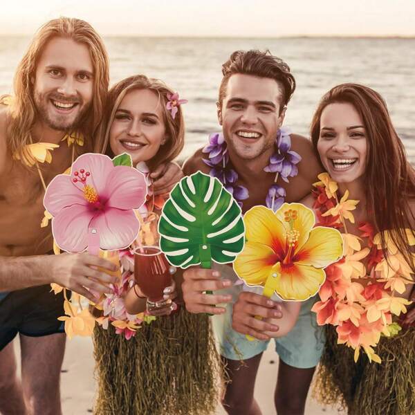 12 Peças/24 Peças, Conjunto de Decoração de Festa de Abanicos Tropicais de Plástico Havaiano, Abanicos com Folhas de Palmeira, Ornamentos Presentes para Convidados da Festa de Verão, Decoração de Festa