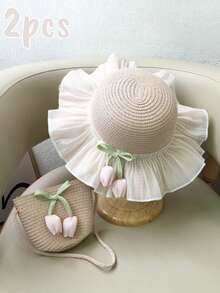 2 Pieces Hat And Bag Set, Fresh And Simple Tulip Lace Edge, Versatile Casual Shoulder Messenger Bag Niche Design Outing Bag, Very Suitable For Spring And Summer Parent-Child Summer, Vacation And Beach, Very Suitable For Music Festivals, Very Suitable For Beach Vacations, Travel, Shopping And Holiday Necessities Daily Travel, - Small Fresh Two Piece Set - View 2