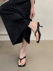 法式女式高跟凉鞋，夏季新款皮革密趾细高跟鞋，踝带小猫跟人字拖 - 黑色 - 查看 5