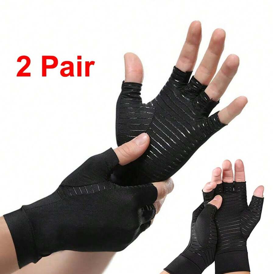 2 Pairs Copper-Infused Fingerless Gloves For Hand Comfort & Warmth - Breathable Support - Black - View 1