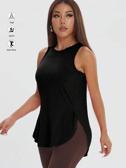1pc Women Casual Comfortable Loose Fitness Workout Side Slit Solid Color Sleeveless Sports T-Shirt, Spring/Summer Black