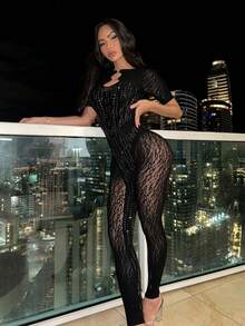 Women's High Stretch Short Sleeve Mesh Patterned Rhinestone Shiny Skinny Jumpsuit - Black - View 1
