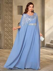 Women's Solid Color Sequin Decor Belted Elegant Long Arabic Abaya Robe,Modest - Dusty Blue - View 6