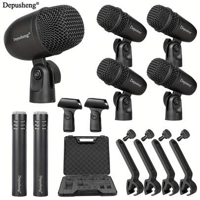 DEPUSHENG Micrófono dinámico con cable Depusheng GM7 de 7 piezas para batería, bajo/bombo, tom/caja, platillo, para estudio, grabación y directo.
