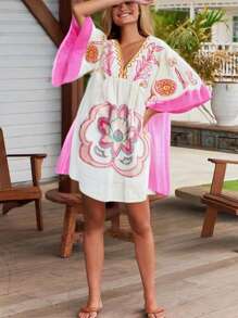Vestito casual con stampa floreale boho, abbigliamento occidentale da donna, abito da festival musicale bohémien per vacanze estive e spiaggia, dolce abito stile babydoll; Abito aderente a maniche a pipistrello, scollo a V profondo, con stampa, per festa e club, abbigliamento da concerto
