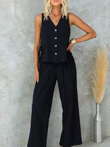 Women's Solid Color Single-Breasted V-Neck Tie Side Top Shirt - Black - View 5