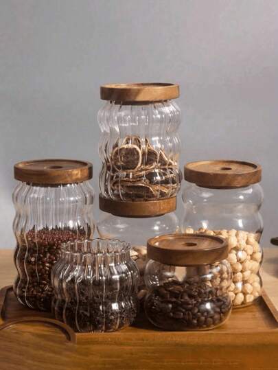 1 Glass Jar Round Stopper With Wooden Lid And Sealed Cork For Spices, Sugar, Coffee, Tea Storage, Transparent Confectionery Food Containers, Glass Bottles , Coffee Ground Storage Jars, Tea Tanks, Grain Storage Jars, Spice Jars