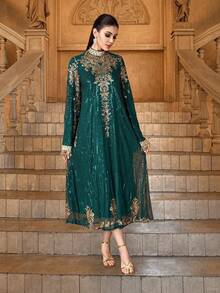 Women's Stand Collar Floral Sequined Long Sleeve Long Elegant Arabian Dress, Formal Evening Prom Wedding Guest Gown, For Graduation, Dinner Party Dress