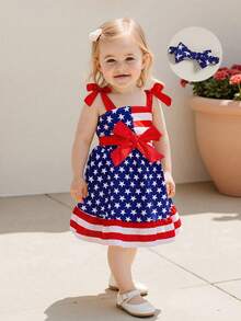 Toddler Girls Patriotic Outfits Tie Up Straps Star Striped Print Sleeveless Dress And Headband For Two Piece Clothes - Đỏ - Xem 4