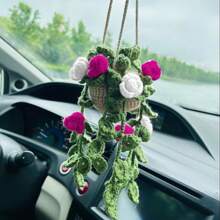1 pieza Planta de crochet linda para espejo retrovisor de carro/decoración de habitación, accesorio colgante hecho a mano para espejo de carro estilo bohemio, adecuado para mujeres y niñas, decoración estética interior verde del carro, adorno colgante para camión para hombres