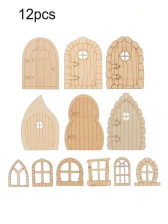 12 件木制微型仙女门 DIY 套件，3D 木质结构带迷你窗户，适用于乡村花园工艺套装、墙壁家居派对装饰