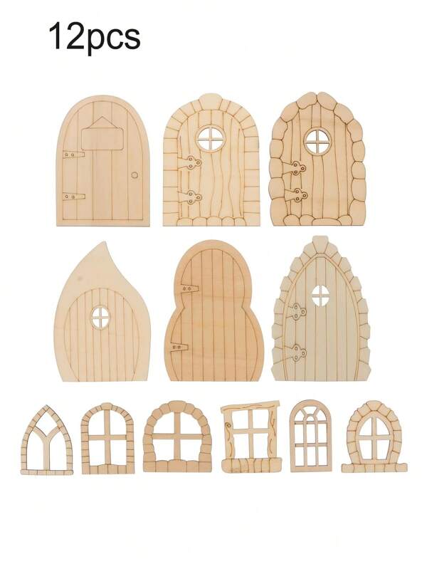 Kit faça você mesmo com 12 portas de fadas em miniatura de madeira, estrutura de madeira 3D com mini janelas, adequado para conjunto de artesanato de jardim rústico, decoração de festa em casa