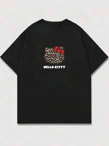 Sanrio 1 Pc Hello Kitty Women Casual Cartoon Print Round Neck Short Sleeve T-Shirt Graphic Shoulder Tees Women Tops Loungewear Base Layers Summer For Women