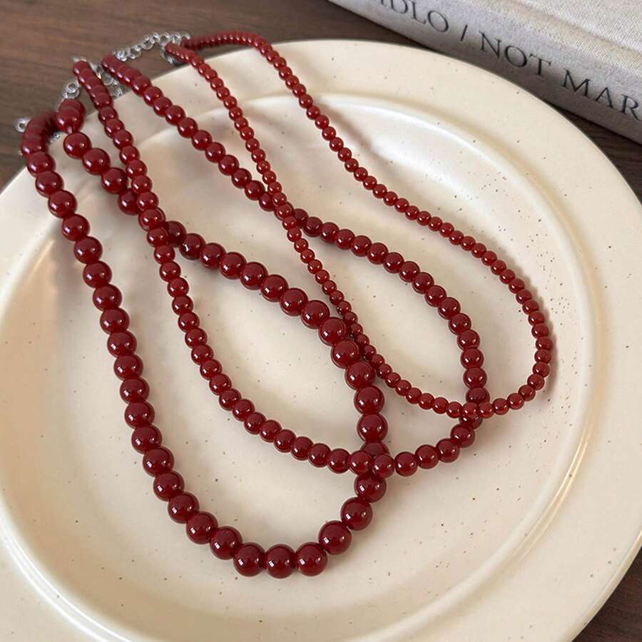 1pc Minimalist Vintage Red Beaded Necklace, Elegant Choker Necklace