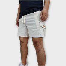 Bermuda Cargo De Linho Premium Shorts Mauricinho Masculino Casual Basico Confortavel Detalhe Etiqueta De Couro