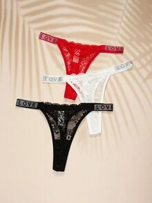 7pcs Women Lace Floral Rhinestone Decorated Sexy Lingerie Set, Thong Panties With Rhinestone Letter Decor