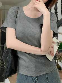 女士夏季纯色圆领短袖休闲 T 恤 - 深灰色 - 查看 4
