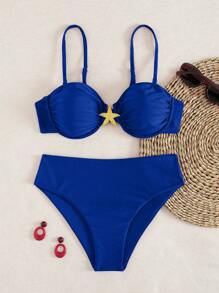 Nuevo y elegante traje de baño de 2 piezas de estilo europeo y americano, color rojo vino, minimalista y sexy, con aros, push-up y decoración metálica en forma de estrella de mar