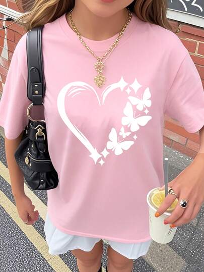 Tween Girls Summer New Heart & Butterfly Print Loose Fit Round Neck Dropped Shoulder T-Shirt