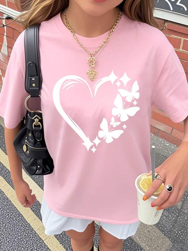 Tween Girls Summer New Heart & Butterfly Print Loose Fit Round Neck Dropped Shoulder T-Shirt