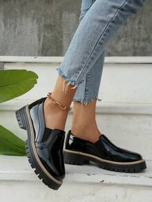 Women's Thick Sole Platform Loafers, Comfortable Shoes, Black Color, Thick Sole Shoes, Platform Heels, Slip-On Shoes - Black - View 2