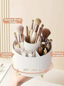 1pc 360° Rotating Cosmetic Storage Box - 1 Piece Plastic Makeup Organizer With 5 Compartments, Suitable For Brushes, Lipsticks, Skin Care Products And Stationery - Odorless Desktop Storage Box, Luxury Striped Design Home Bathroom Decor Bathroom Accessories Bathroom Organizer Summer Back To School