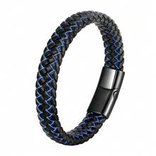1pc Men's Solid Black Genuine Leather Punk Woven Leather Bangle Bracelet
