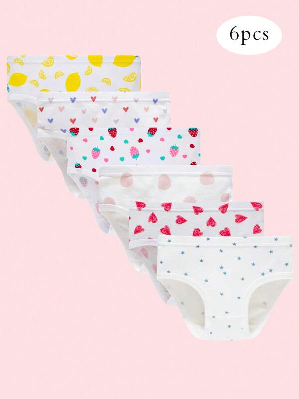 6 Stück/Packung Unterwäsche für Kleine Mädchen mit süßen Cartoon-Motiven wie Sterne, Herzen, Erdbeeren, Zitronen, angenehm atmungsaktiv