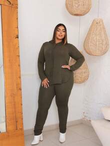 Women's Winter Plus Size Set, With Hat, Lighter And More Comfortable Fabric, Slit On The Sides, Stylish And Casual Look, Women's Fashion, Cold, Night. - 軍綠色 - 查看 2