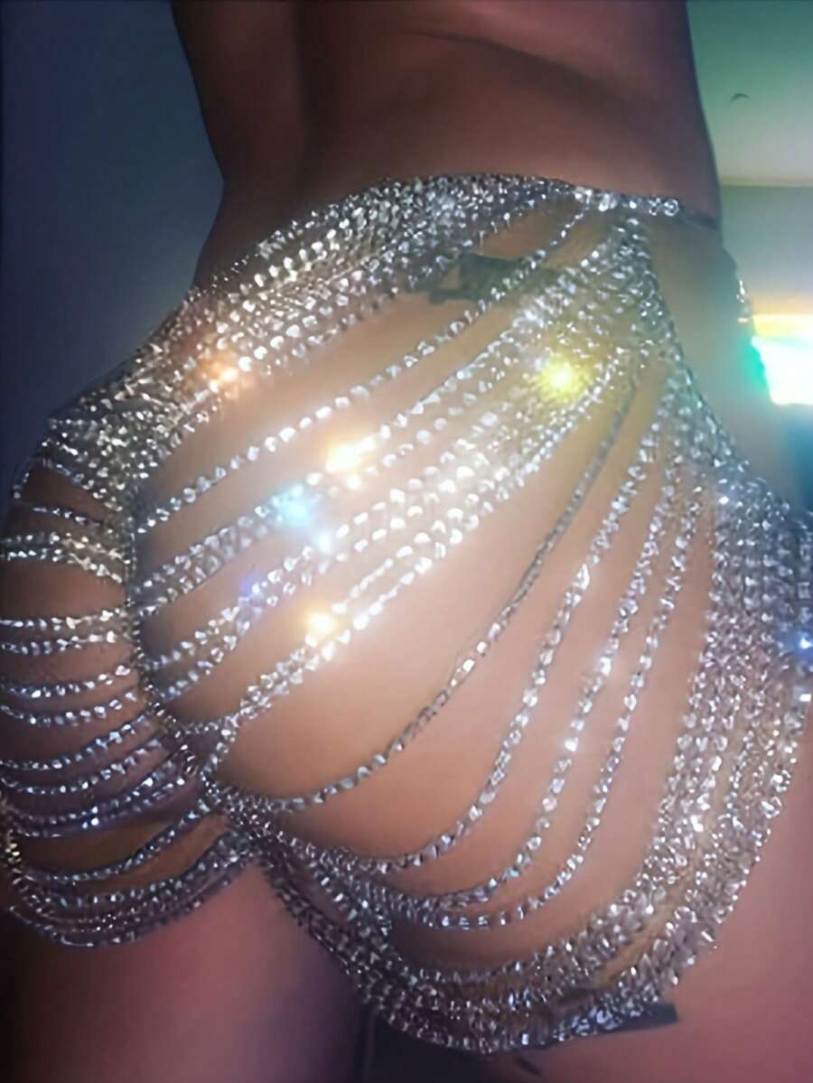 Gorgeous Sparkling Multi-Layer Tassel Rhinestone Body Chain Waist Belt, Luxury Party Banquet Bikini Accessory For Women - Silver - View 1