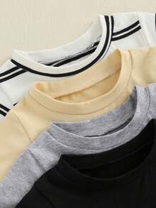 Conjunto de 4 camisetas de verano para bebé, holgadas, lisas/a rayas, cuello redondo, manga corta - Colores mixtos - Ver 4