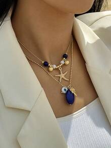 1pc Bohemian Ocean Style Starfish, Coconut Tree, Glass Beads, Evil Eye, Synthetic Turquoise Pendant Necklace Set For Women, Suitable For Beach, Party, Holiday, Gift For Friends (Bead Size & Quantity Vary) - Multicolor - View 3