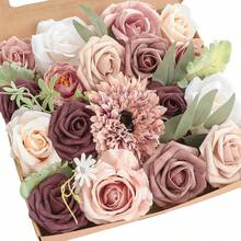 Caja de set combinado de flores artificiales de rosa palo, malva, peonías y follaje verde de Floroom para hacer arreglos florales, centros de mesa para bodas, despedidas de soltera, fiestas y decoración del hogar - Azul - Ver 6